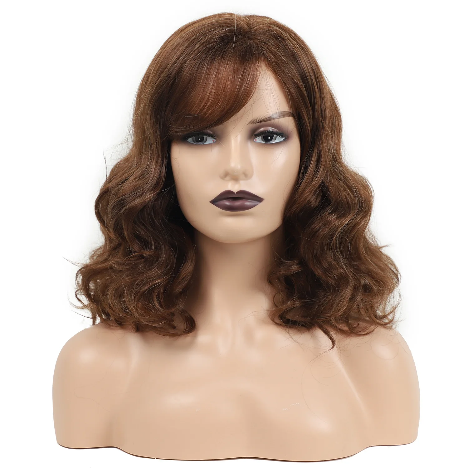 Synthetic Long Brown Wavy Wig with Side bangs Hair Cosplay Heat Resistant Wigs for Women Daily Party Use