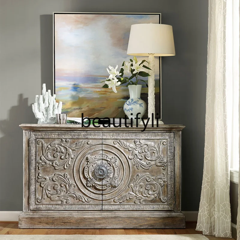 American rural all-solid wood relief side cabinet antique weathered gray, high-end porch cabinet