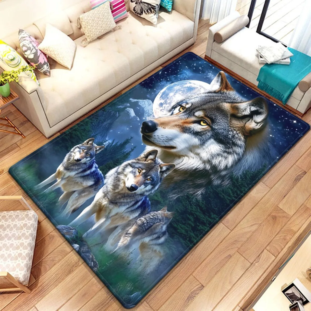 

Wolf Pack Moon Night Forest Scene Crystal Velvet Rug Living Room Bedroom Floor Mat Nature Animal Themed Decorative Carpet