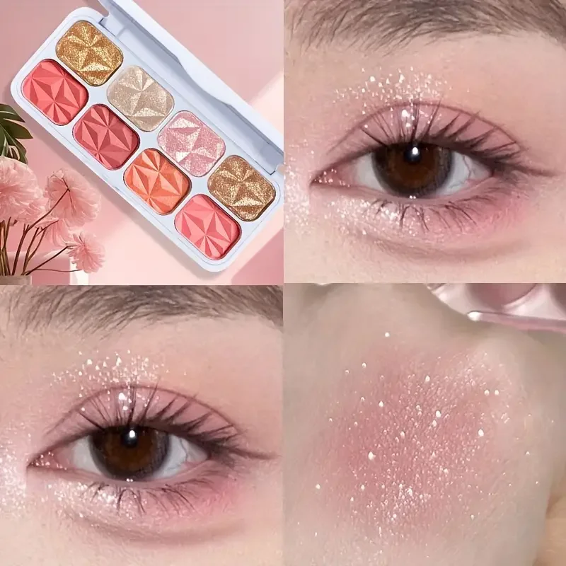 8色ブラッシュパレット、マット、ピンクブラッシュ、明るく長持ちするグリッターアイメイクアップ用のシマーシェード、ウォータープルーフ、カラフル