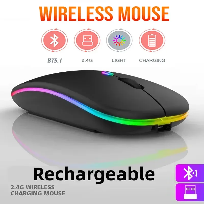 

Rechargeable Wireless Bluetooth Mouse with 2.4GHZ USB RGB 1600DPI Mouse Ergonomic Silent Mice For Laptop PC Game Mouse Players