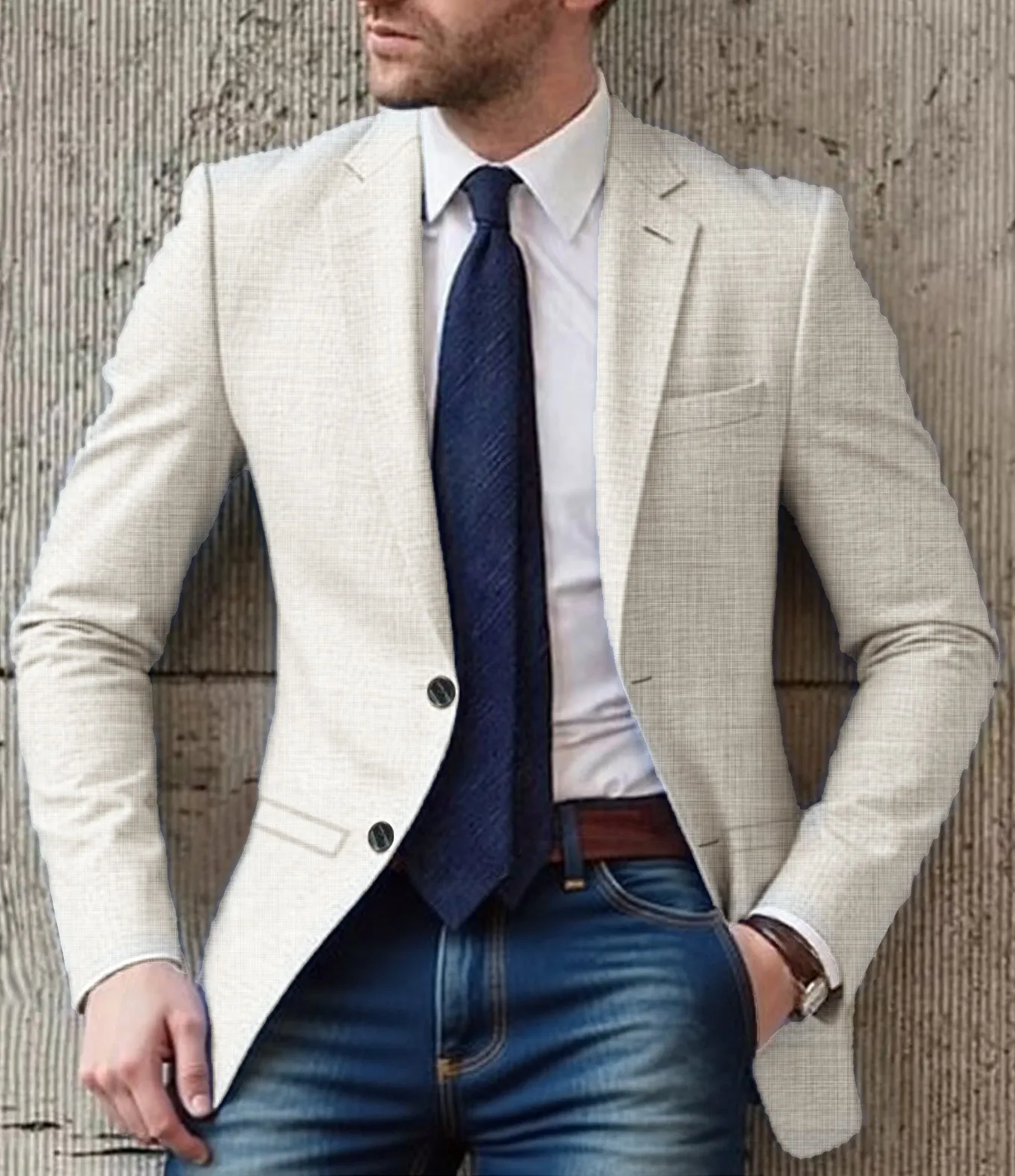 Single Breasted Button Front Suit Slim Fit Casual with Notch Lapel Patch Pockets Pocket Trim Long Sleeves Spring Men Suit