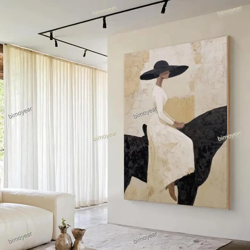 

100% Handmade Abstract Oil Painting on Canvas Nordic Equestrian Ladies Wall Art Picture for Home Living Room Decor Image Mural