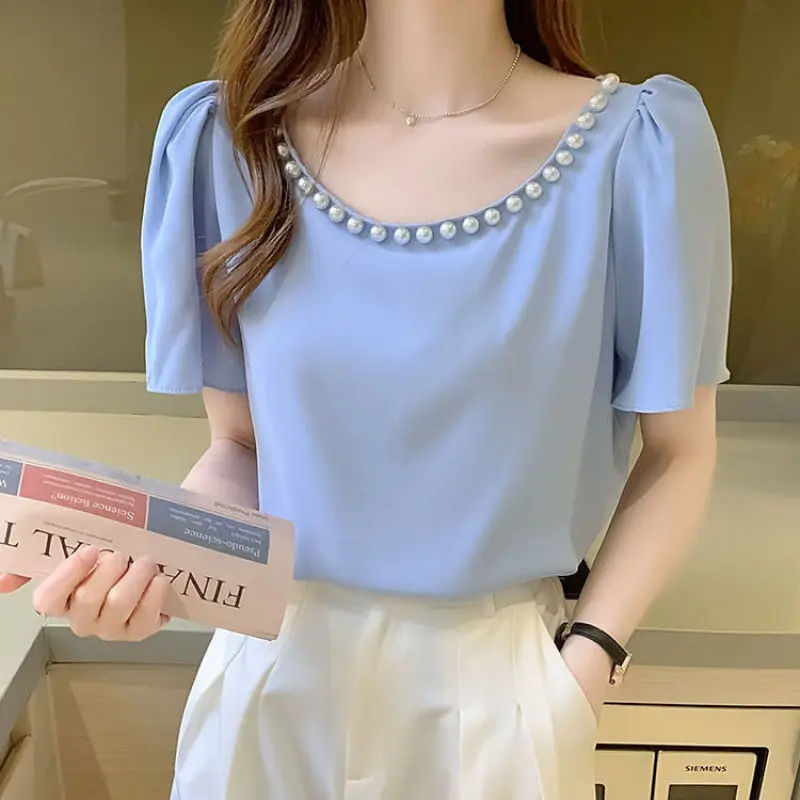 Women Summer Simplicity Loose Fashion Embroidered Flares Solid Color O-neck Chiffon Shirts Ladies Casual All-match Elegant Tops