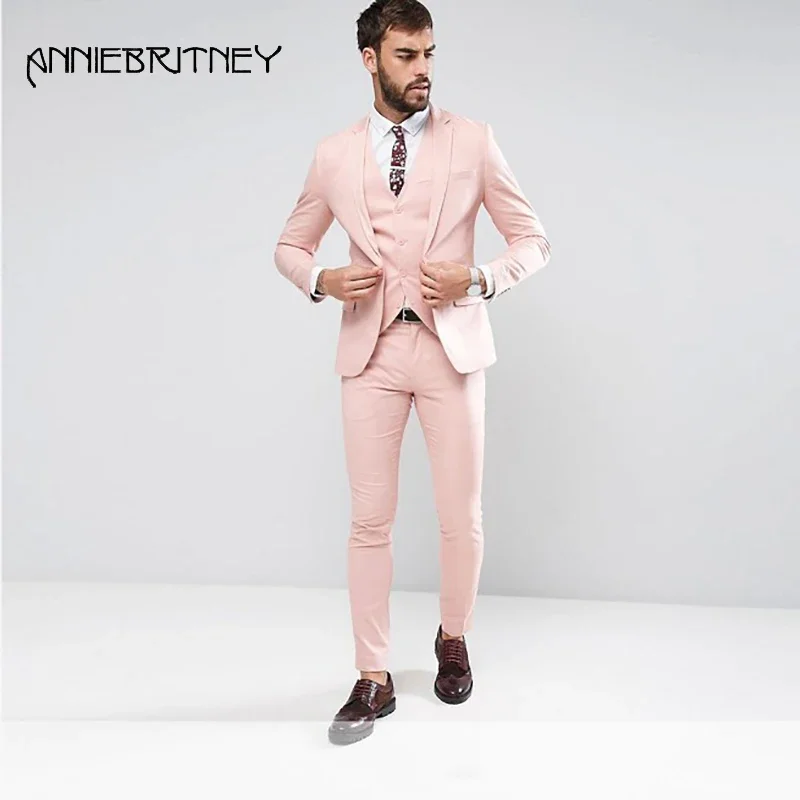 Custom Hot Pink Wedding Men Suit High Quality Slim Fit 3 Pieces Formal Groom Tuxedos Handsome Best Men Blazers Jacket Pants Vest