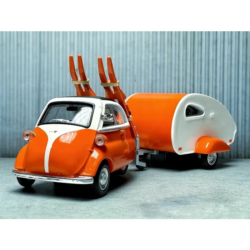 AR BOX 1: 64 Alloy BMW Isetta Orange Ski Board Trailer Set Collection Art Piece Boy's Gift