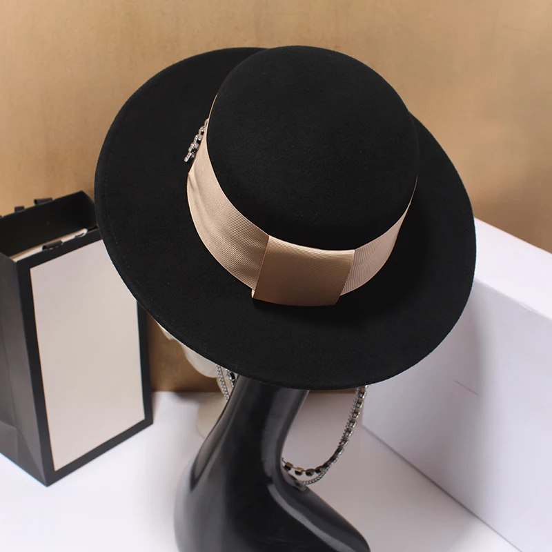 Elegant big black hat big brim fedora hat wool felt hat ladies bow Panama straw hat Australia ladies hat autumn casual wool hat