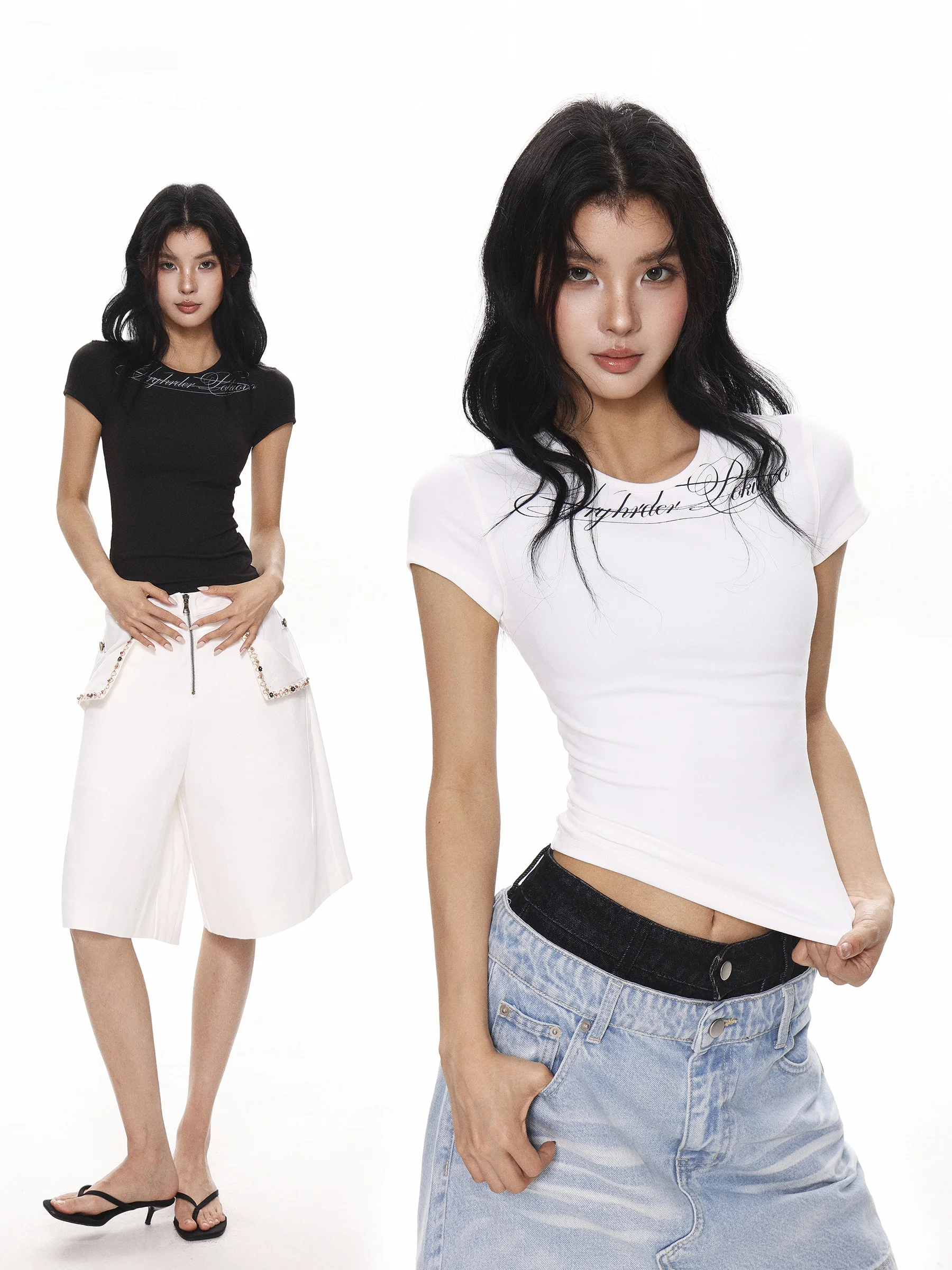 

Женская летняя футболка Slim Fit с коротким рукавом в американском стиле, с принтом Hot Girl, с вырезами на плечах и утягивающим поясом на талии, укороченный топ