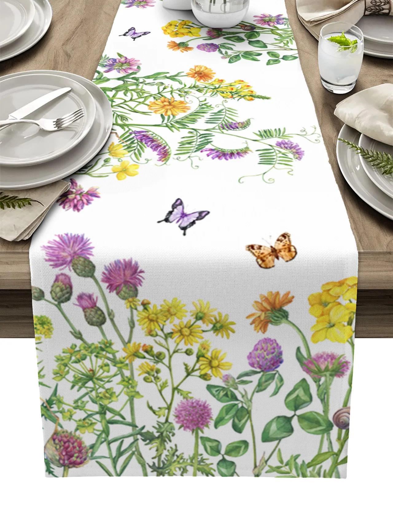 Camino de mesa de flores y mariposas, mantel de lino y algodón, cubierta de lujo para cocina y cena, decoración de fiesta de boda, Primavera