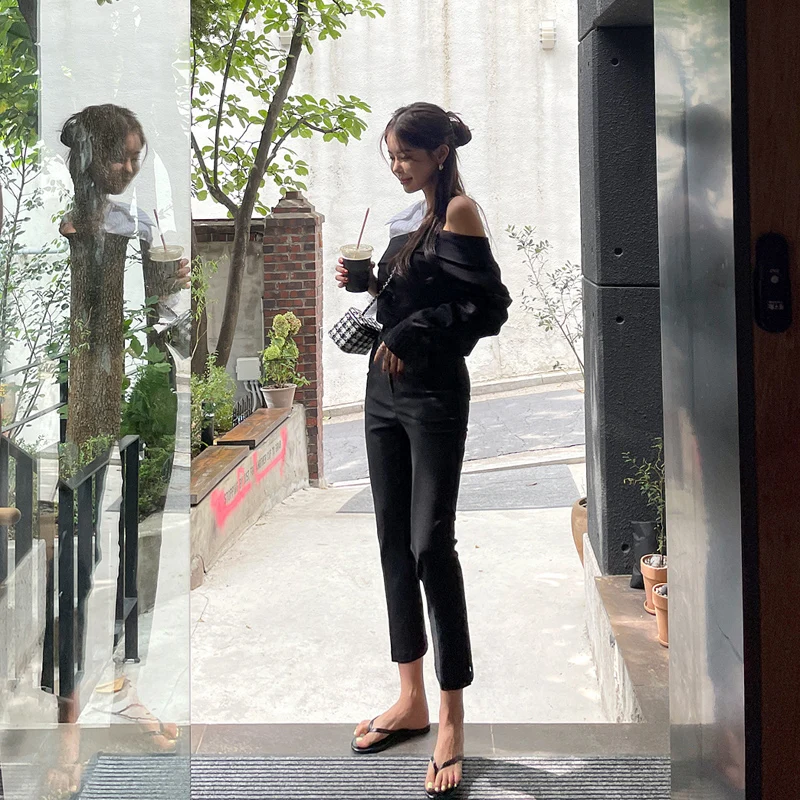 Bla High Waist Nine-Piece Women's Cigarette Pants Elastic Straight Leg Casual Split Trousers Korean Sle Commute Pants