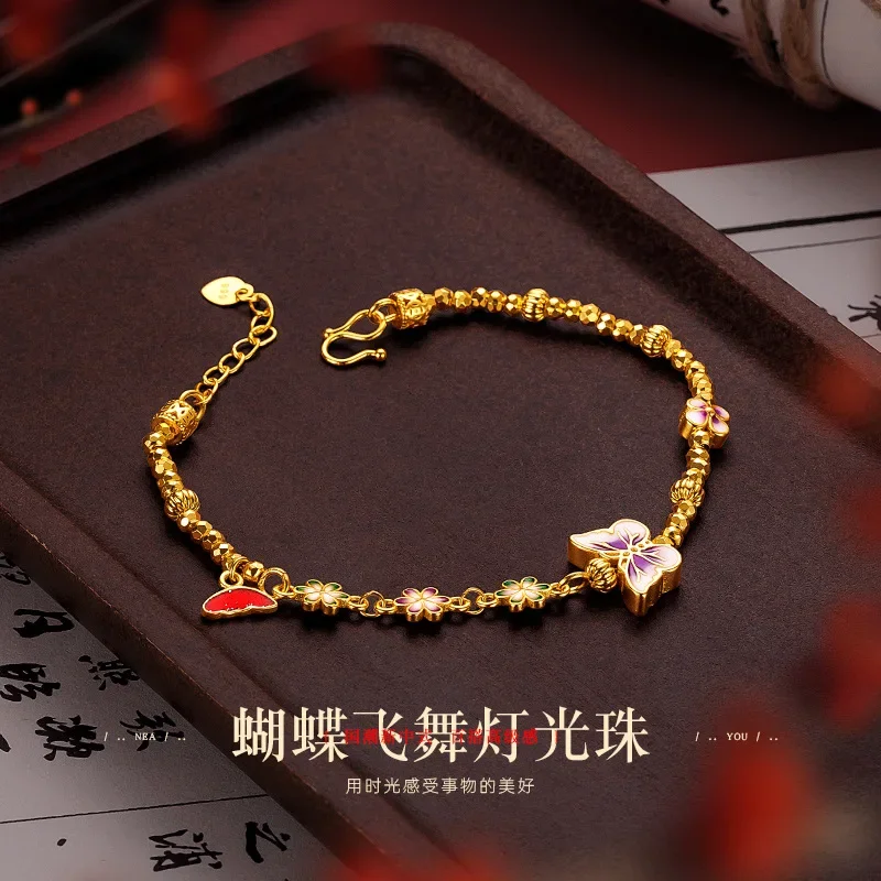 NovaGlod 9999 24K genuine gold design with a fiery blue butterfly flower, light luxury and sparkling bouncing Di bead butterfly
