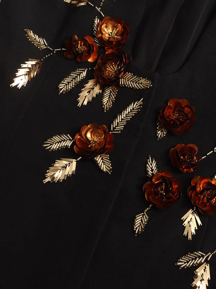 ZMEENNA المرأة السوداء الأزهار السترة العميق U الرقبة دعوى سترة طويلة الأكمام أنيقة ملابس خارجية للحفلات تناسب شيك قمة الموضة ZM3219