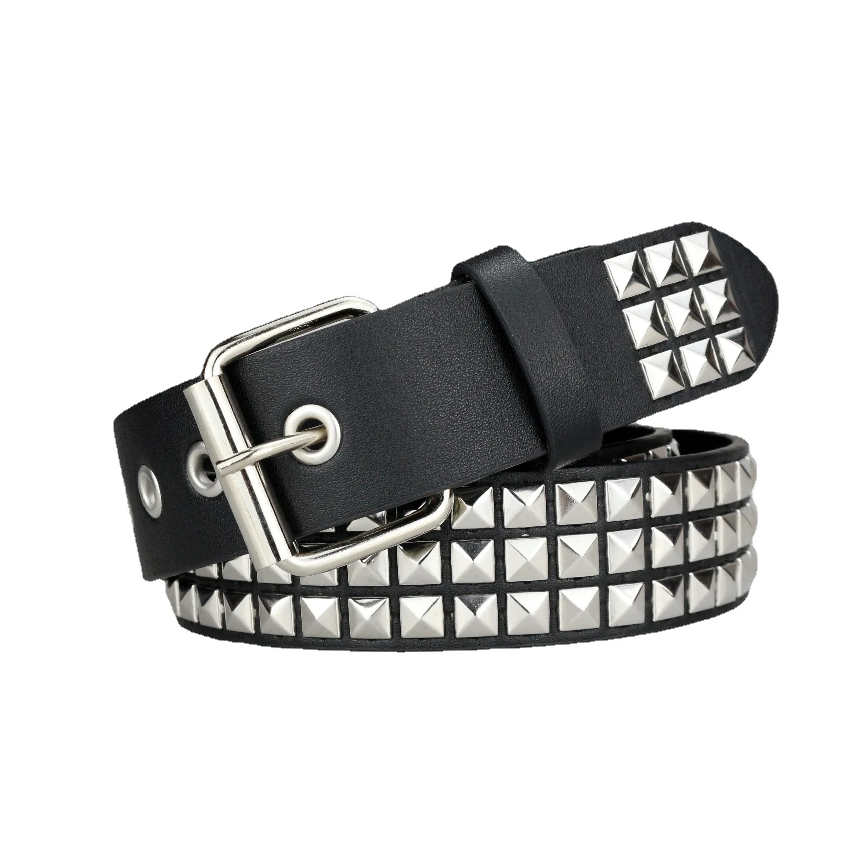 Studded Belt Men Women Punk Pyramid Square Buckle Chain Belt Bonded Leather Rivet Black Leather Belt Waistband for Jeans