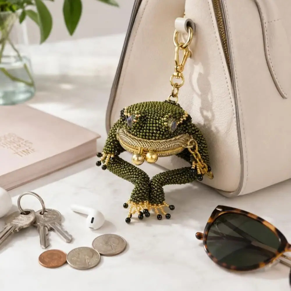 Gifts Mini Charming Frog Coin Purse 3D Cartoon Style Beaded Earbud Storage Pouch Kiss Lock Closure Frog Keychain Pouch for Girls