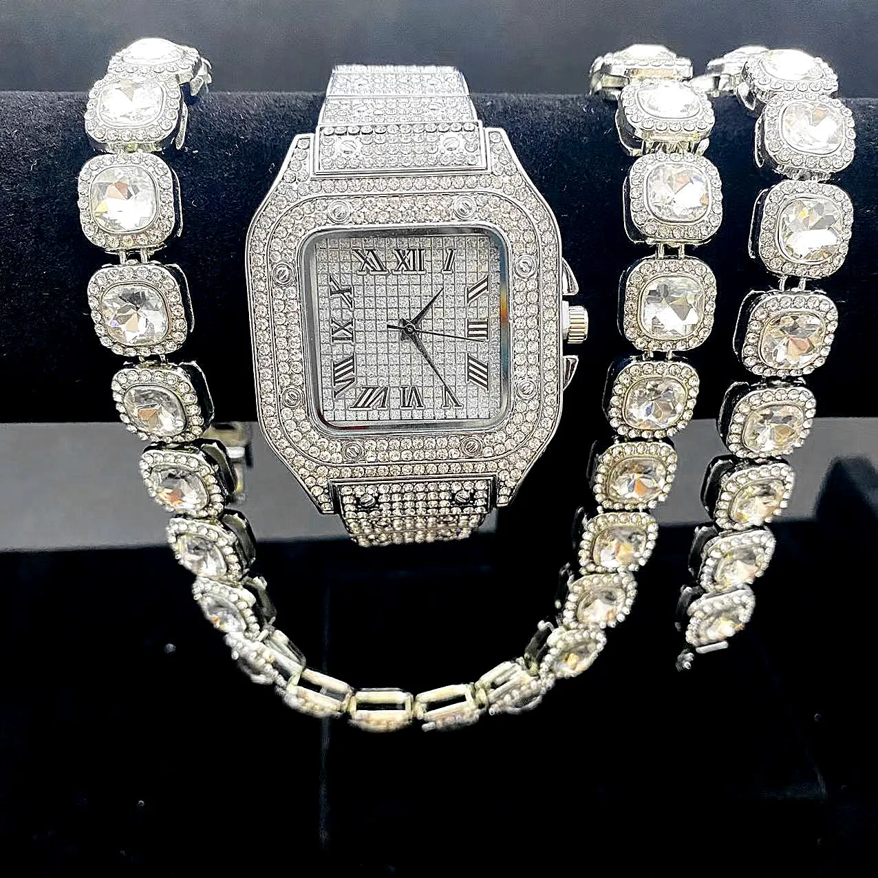 3PCS Hip Hop Iced Out Watch Bracelet Men's ChainTennis Full Miami Curb Cuban Chains Bling Rapper Necklaces for Men Jewelry Gift