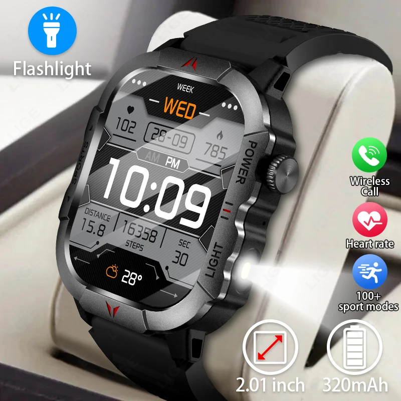 

LIGE 2.01'' Ultra HD Screen Smart Watch Men Bluetooth Call LED Flashlight Waterproof Watches Heart Rate Monitor Sport Smartwatch