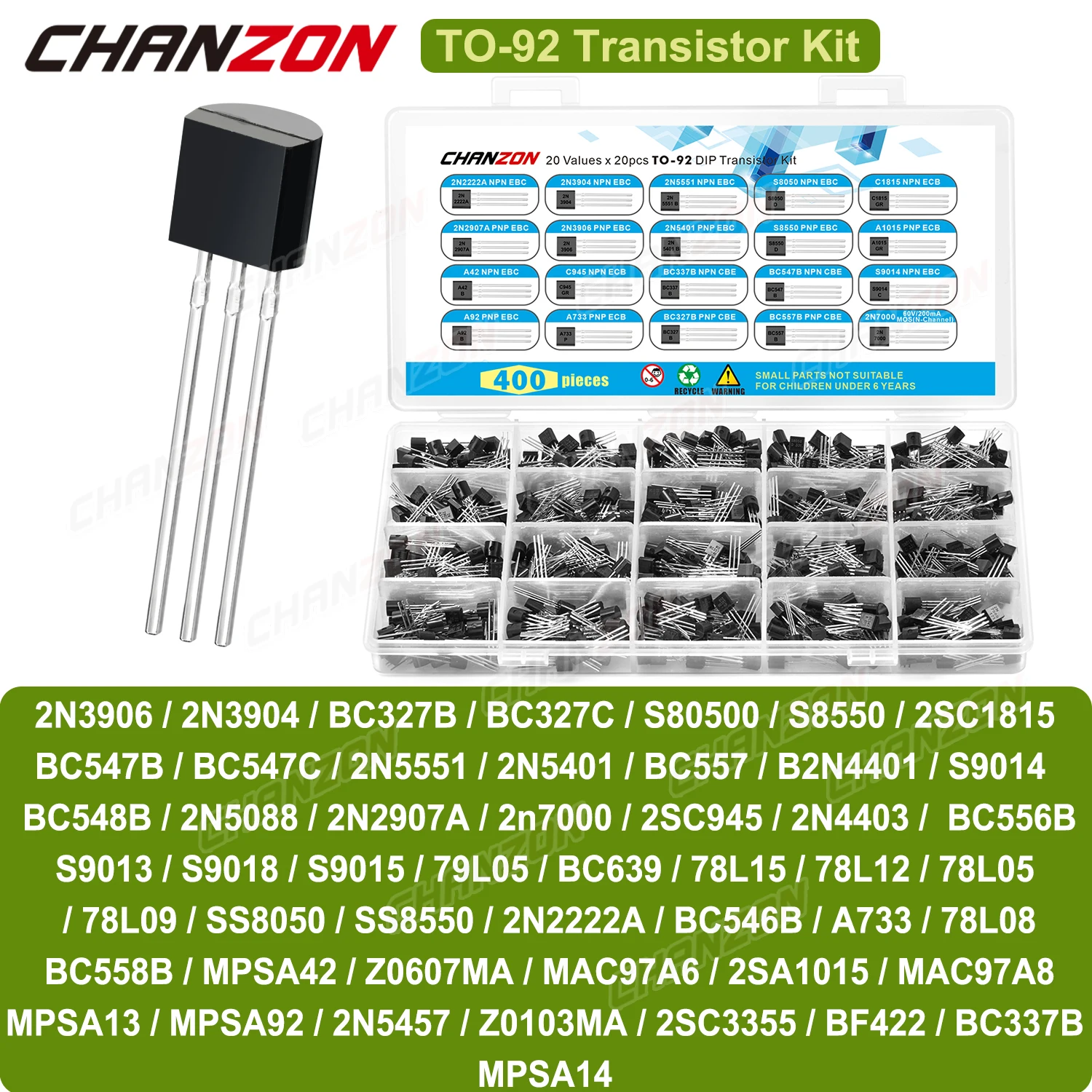 TO-92 Transistor Kit 2N3906 2N3904 BC327 S8050 S8550 2n7000 C1815 BC547B BC547C 2N5551 2N5401 BC557B 2N4401 S9014 BC548B