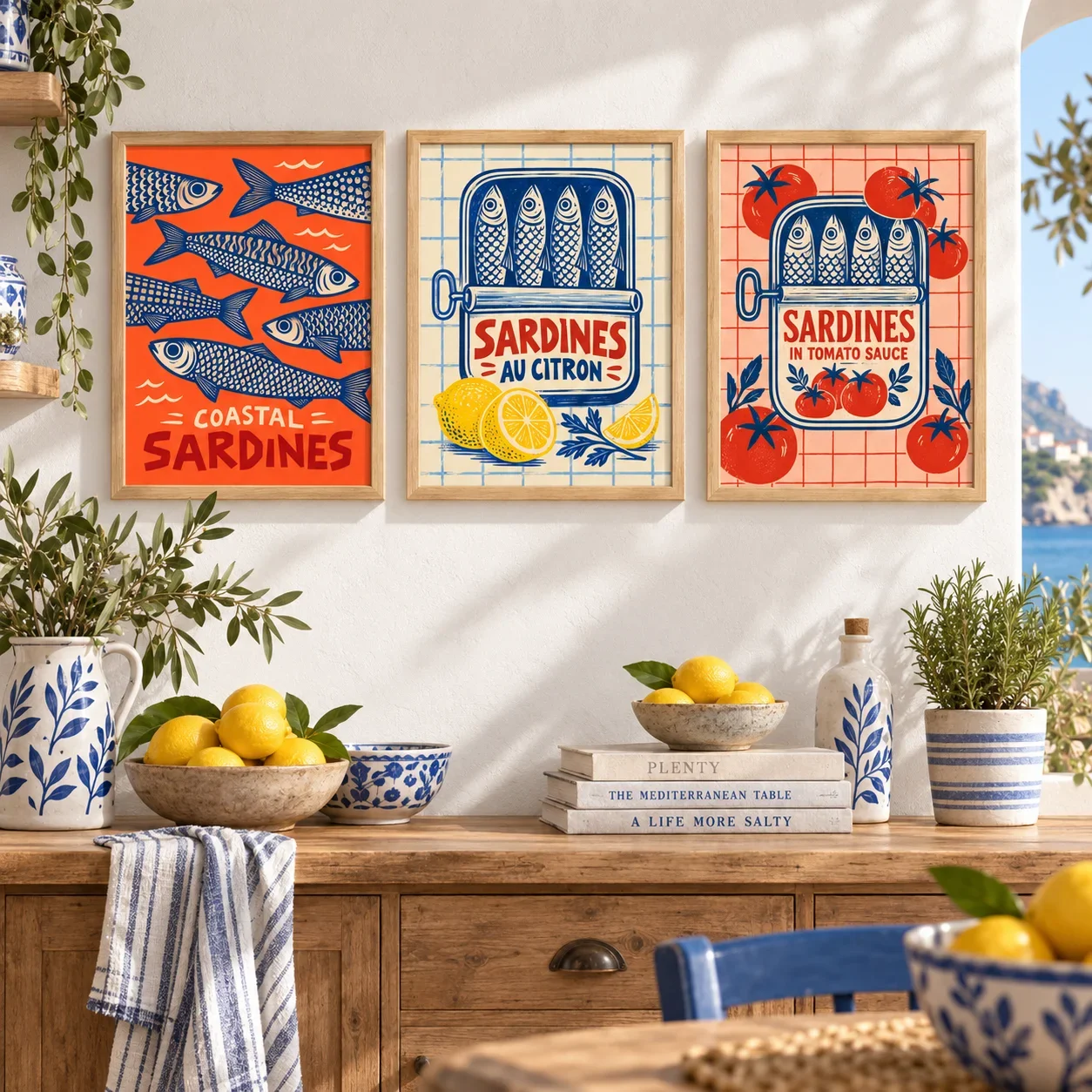 1PC Large-sized frameless canvas paintings,Retro Sardines Canvas Painting Mediterranean Fish Poster Vintage Tin Can Wall Art Kit