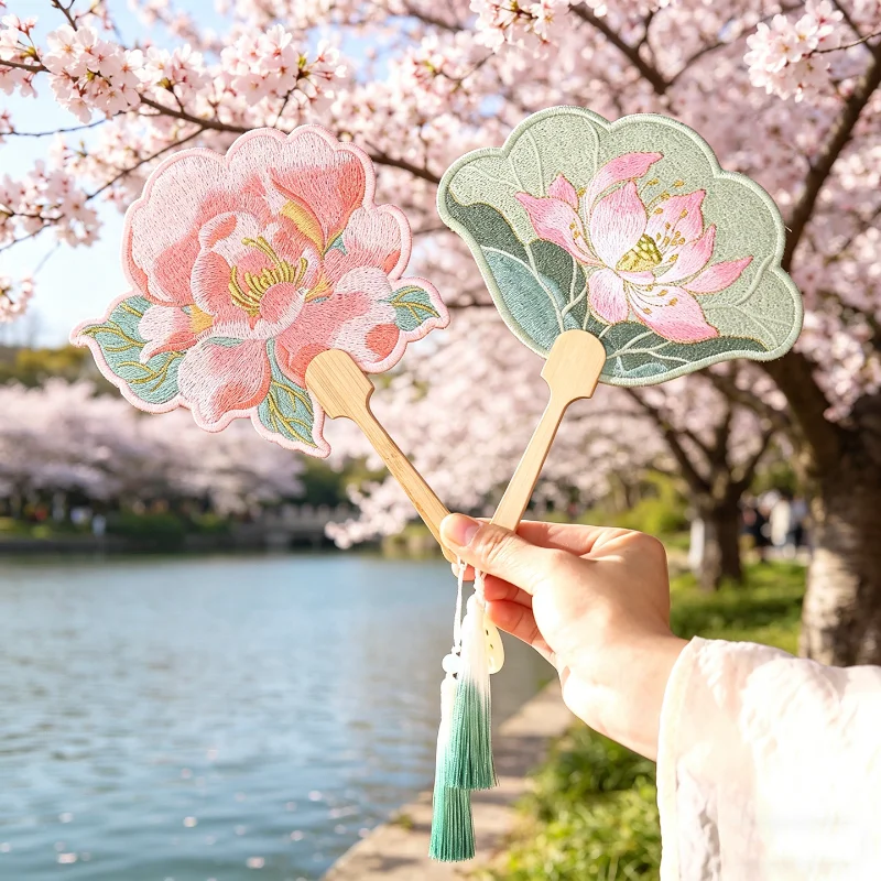 Ancient Handheld Flora Embroidered Fan with Pendant Floral Shaped Chinese Style Fan Butterfly Tassels Group Fan Photography Prop