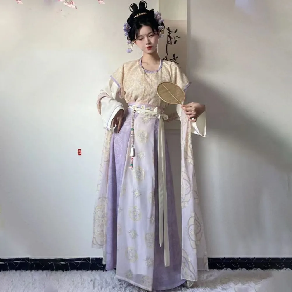 オリジナル唐漢服-女性用花柄ラウンドカラーベイジ-ハイウエスト八分丈スカート伝統的な中国服エレガントな衣装