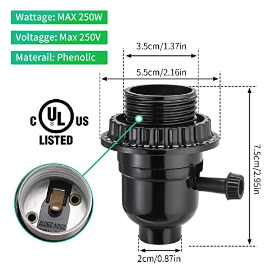 UL Listed E26 Light Socket, Lamp Socket Replacement with ON/Off Switch Medium Base Lamp Parts with 2 Lamp Socket Ring, Light Bu