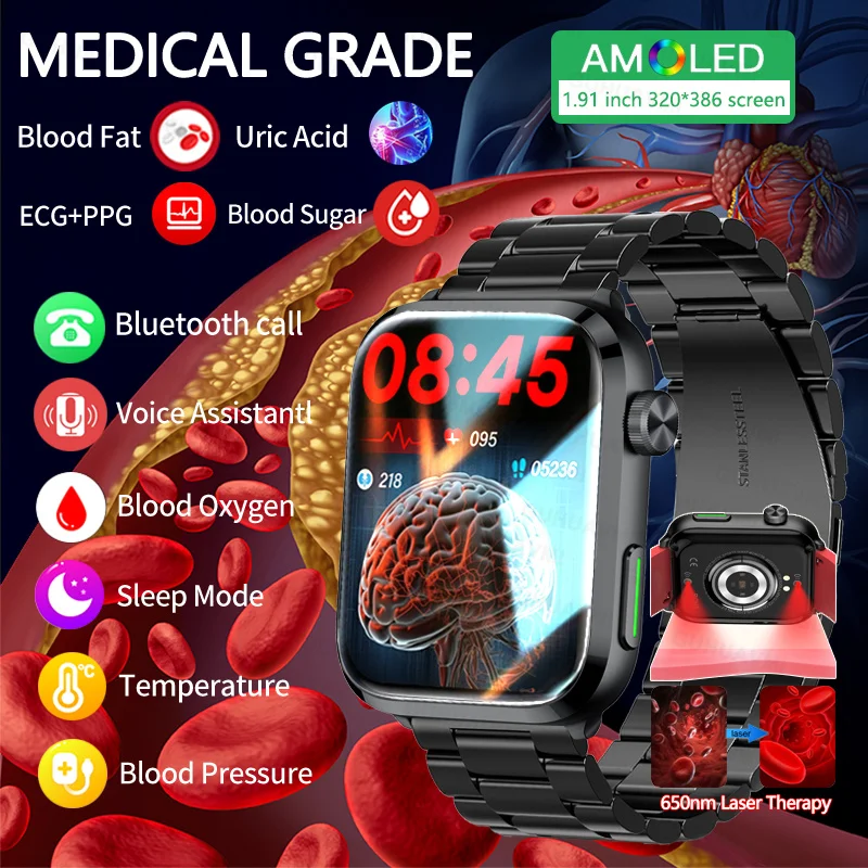 Reloj inteligente de grado médico para hombre, dispositivo con terapia láser, para la salud, glucosa en sangre, lípidos, temperatura corporal,