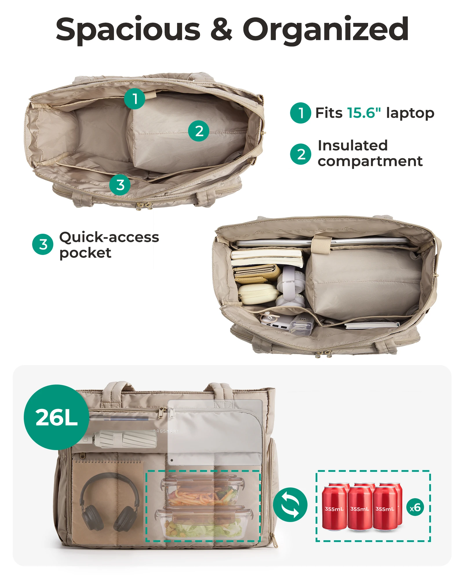 BAGSMART Tote Bag with Insulated Compartment Puffer Padded Women Tote Laptop Teacher Work Tote Handbags for Work Travel Gym
