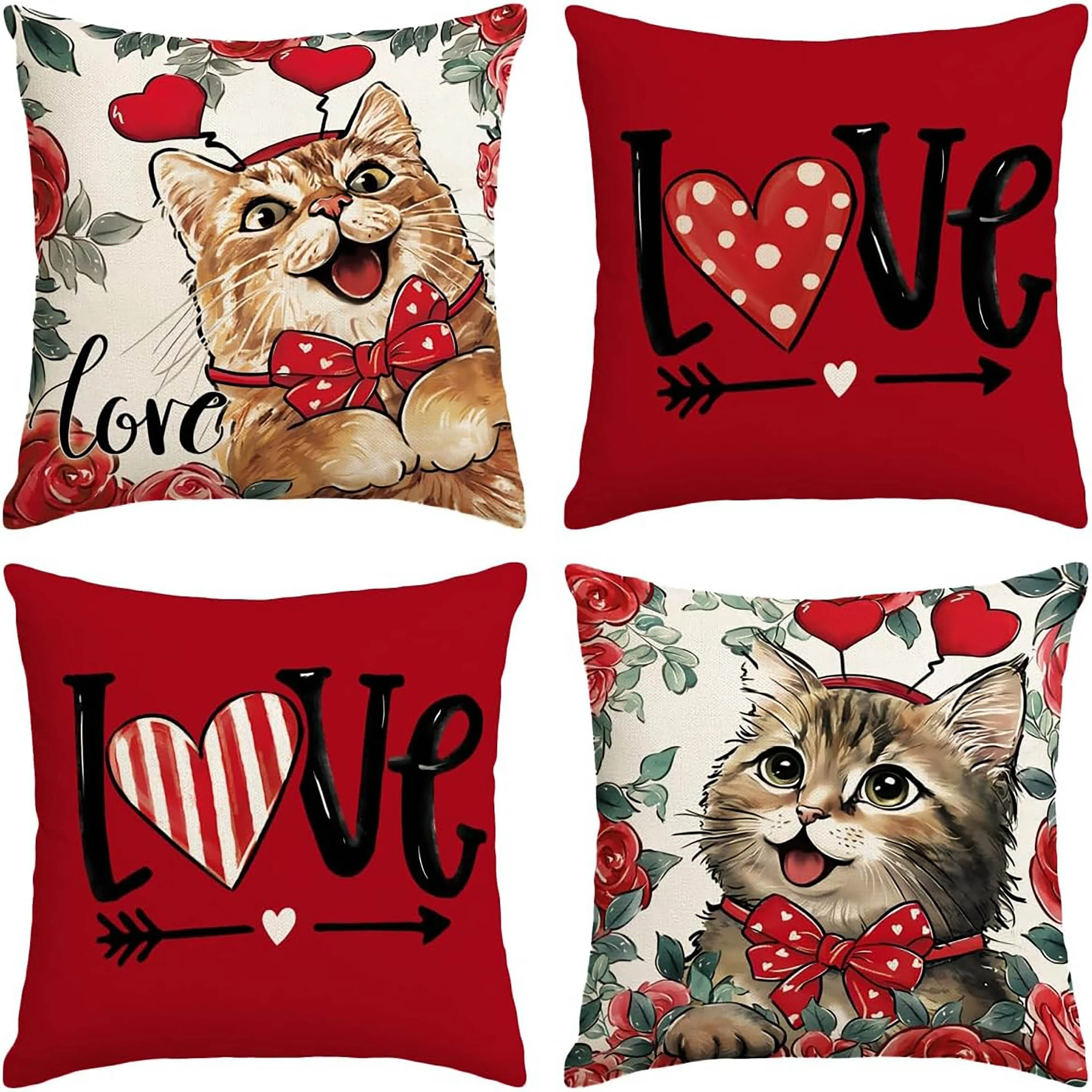 4-Pack Linen Watercolor Valentine'S Day Pillow Covers Contemporary Style Machine Washable Mixed Colors, Zipper Closure
