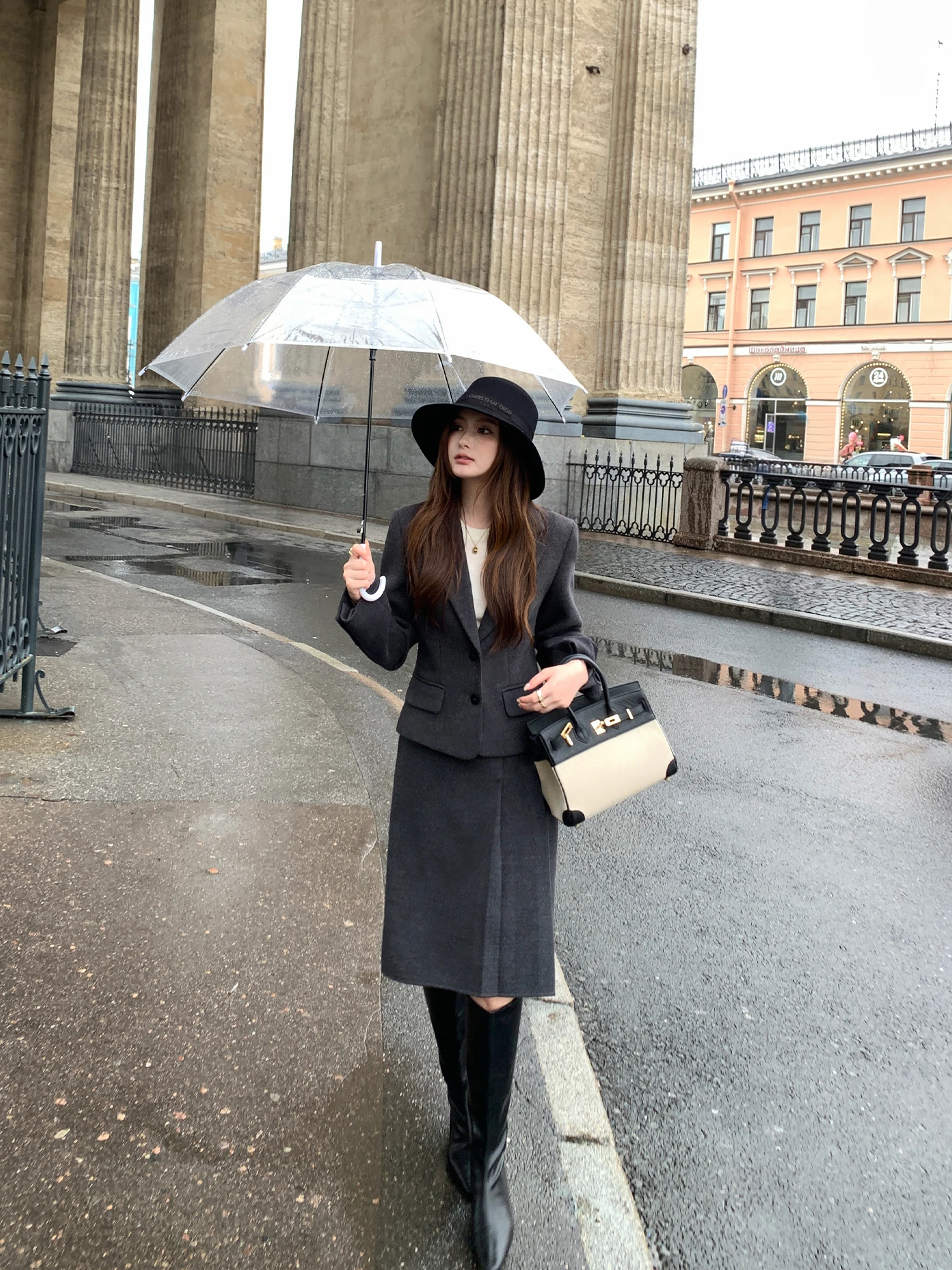 Pusumede Elegant Woolen Suit Jacket And  Skirt Set for Women Short Notch Collar Fashionable Autumn Outfit Two-Piece Set