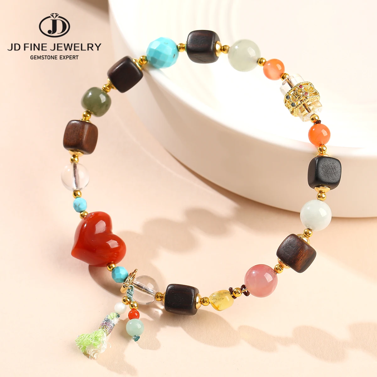 

JD Artisanal Multi-Gem Crystal Red Agate Heart Bracelet Unique Design Stretch Tassel Bracelet for Women Party Jewelry Gifts