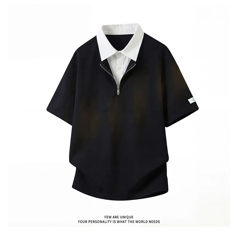 Trendy Semi Zip Two Tone Polo Shirts for Men Summer Casual Short Sleeve Tops Couple Streetwear Breathable Loose Fit