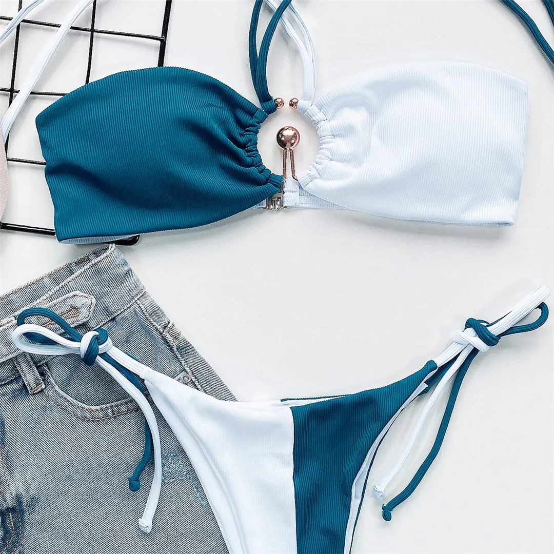 Damen-Badebekleidung, sexy, gerippt, mit Raffungen, Neckholder-Bikini, zweiteiliger Badeanzug, Badeanzug mit Trägern, Badeanzug, Modell V3134. – Detail 9