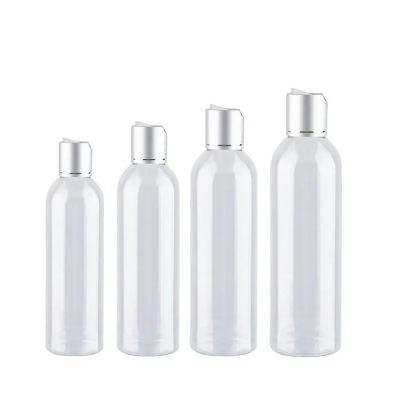 5pc120ml 150ml 200ml 250ml Empty Transparent Plastic Container Silver Disc Top Cap Cosmetics Liquid Soap Bottles Shampoo Lotion