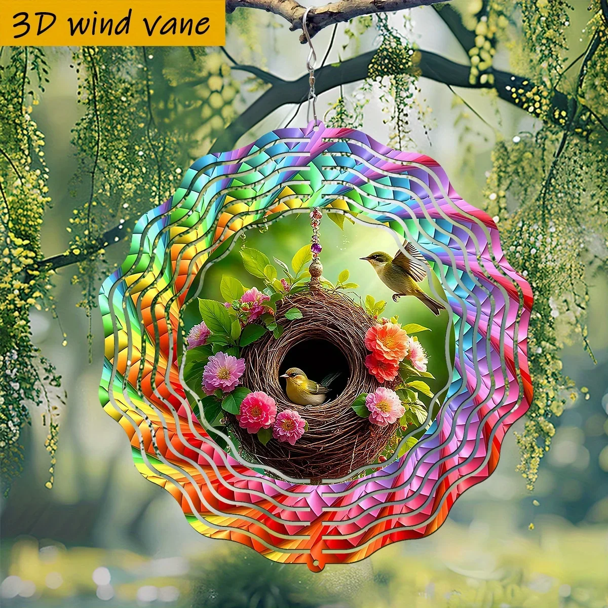 1pc Metal Wind Gyro Spinner - with Bird Nest, Roses & Chains - Rainbow Colors Outdoor/Indoor Hanging Decoration Nature-Inspired