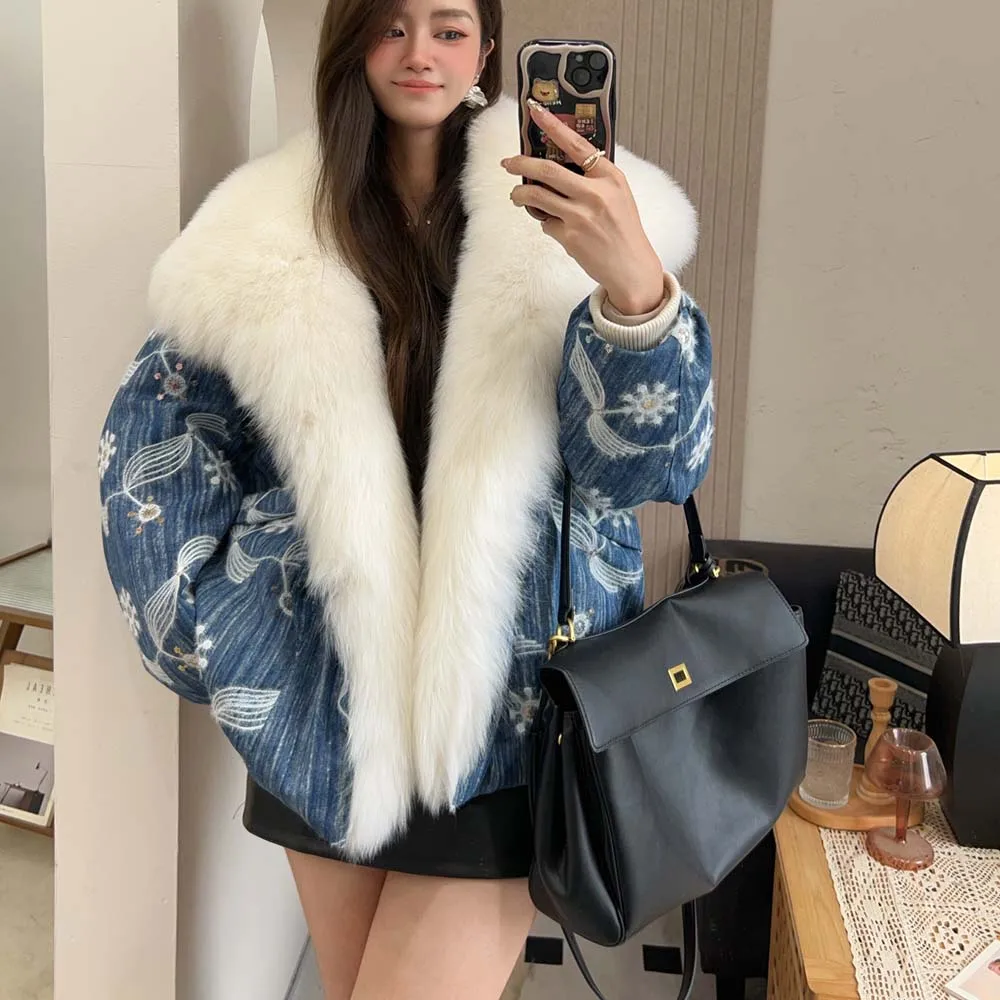 Veste Parka à col en fourrure pour femme, vêtement d'extérieur chaud, luxueux, grand col, à la mode, manteau Parka en fourrure de renard, hiver