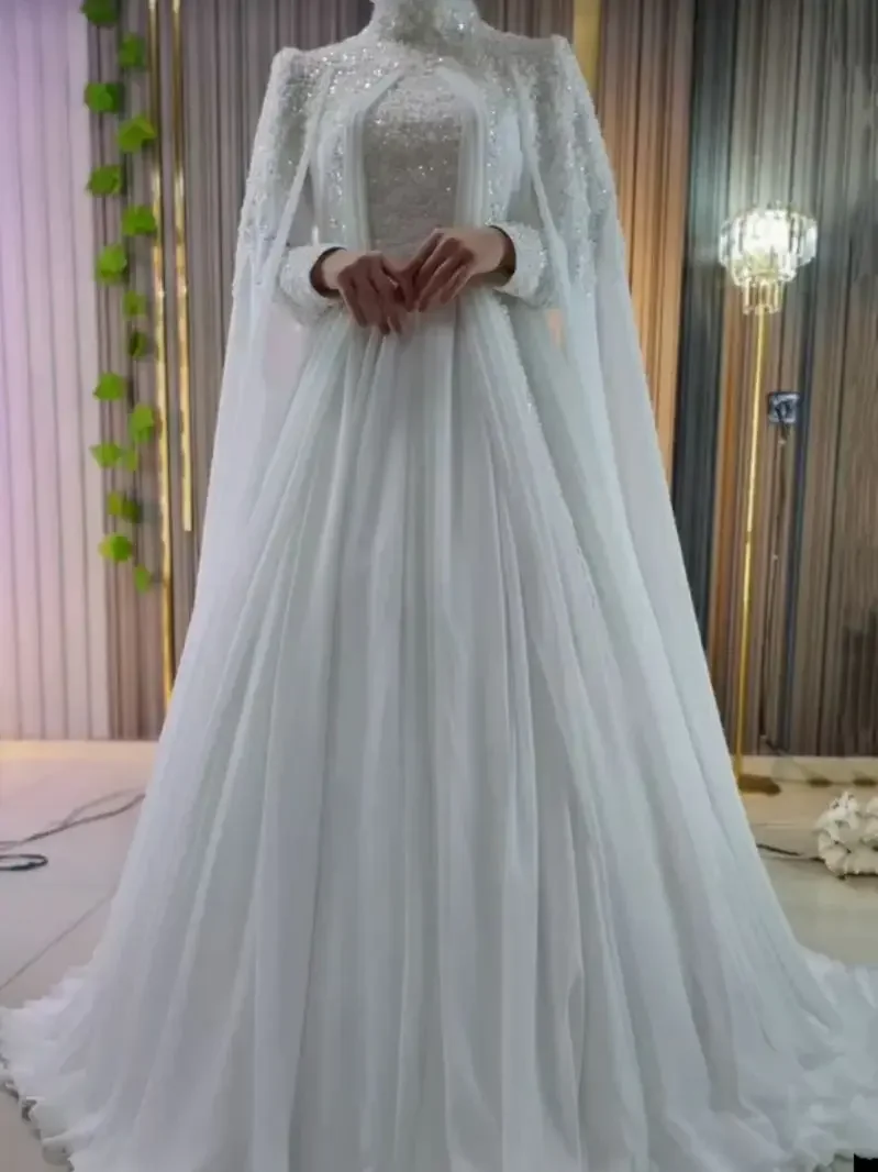 Customized Elegant Dubai A-line Wedding Dress Chiffon High Neck Sequined Bridal Gown Beading Pearls Luxury Vestido De Noiva