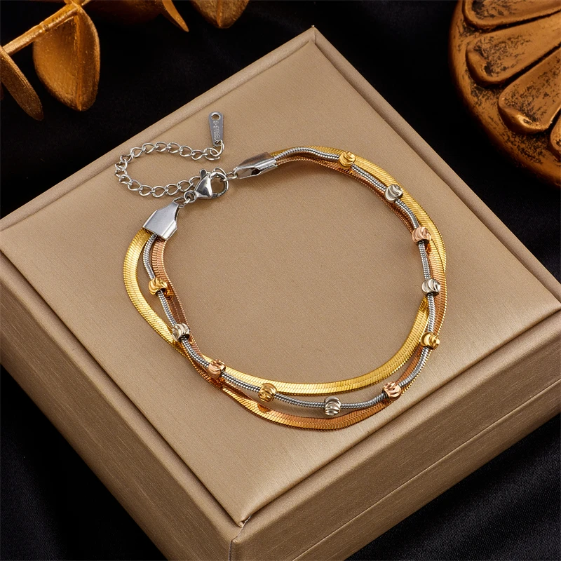 DIEYURO 316L Stainless Steel 3 in 1 Chains Bracelet For Women Fashion Girls Flat Snake Chain Wrist Jewelry Party Gift Bijoux