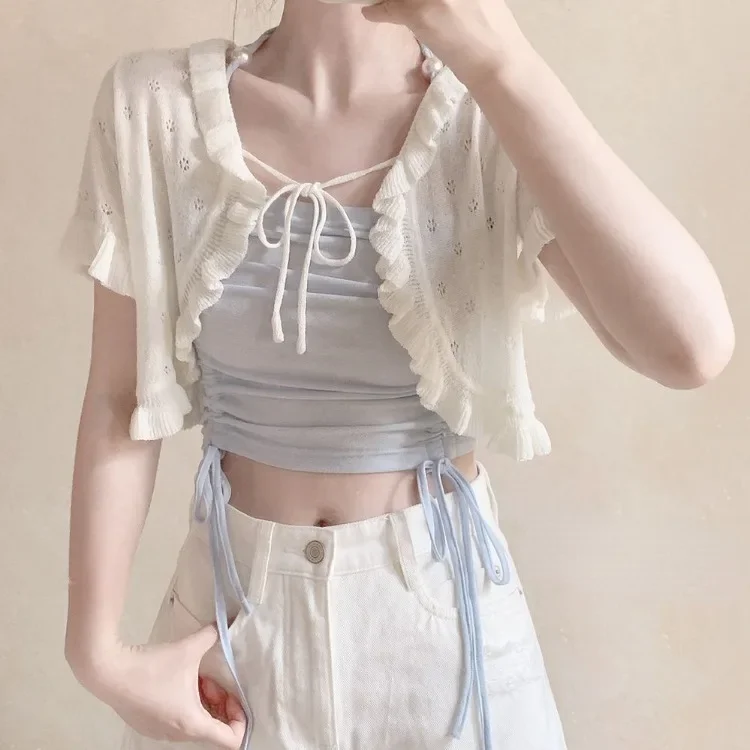 

Summer Short Sleeve Sun Protection Coat Women Y2k E-Girl Hollow Out Knitted Cardigan 2025 New Lace Up Black Tops Mujer