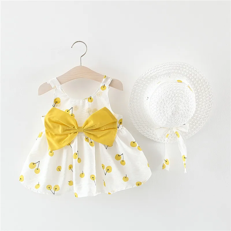 Summer Baby Girl Outfit Set Send A Hat Korean Style Fashion Lovely Sweet Bow Fruit Sleeveless Casual Beach Toddler Dress