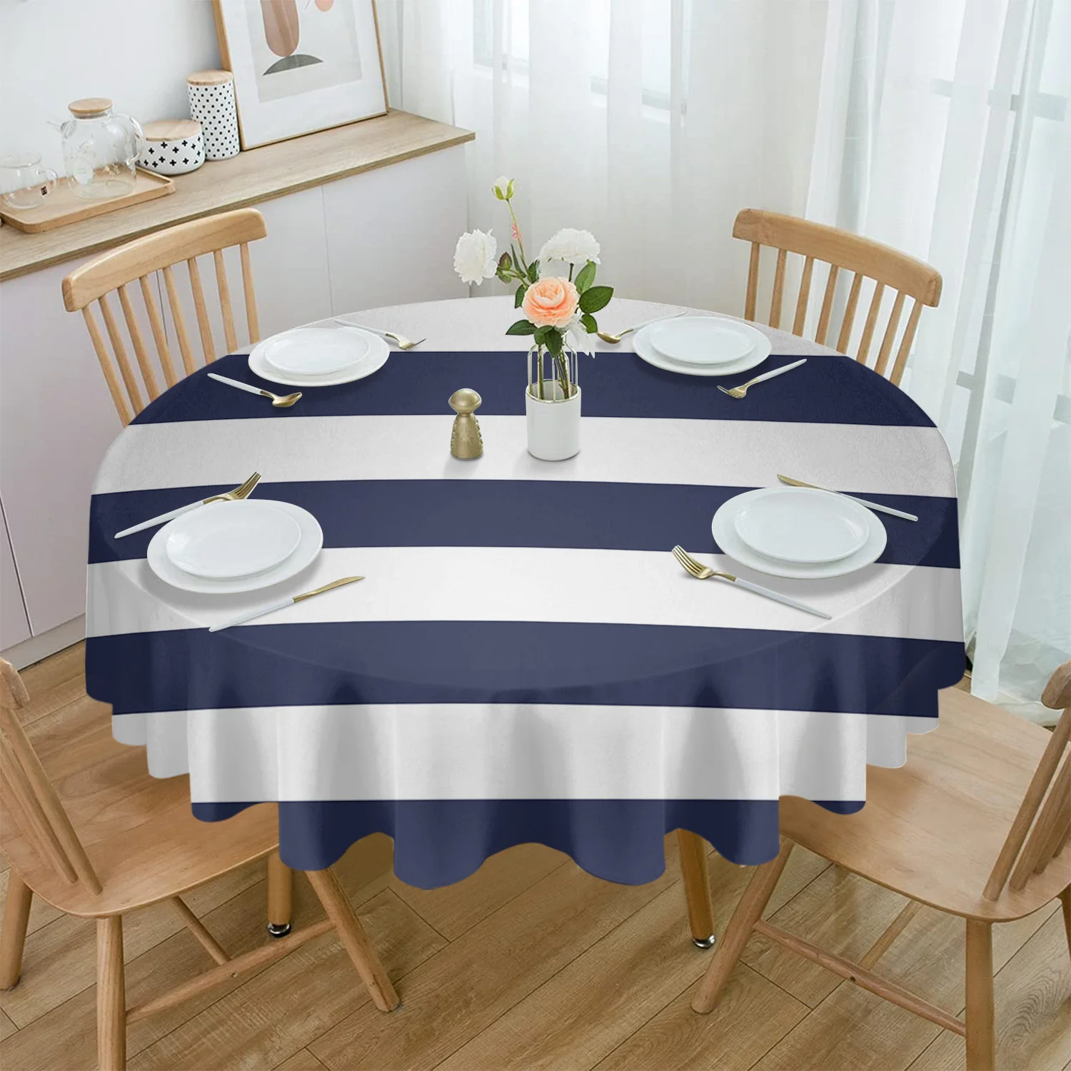 Navy Blue White Stripes Rectangular Tablecloth Dustproof Picnic Cloth Home Decoration Kitchen Waterproof Table Cover