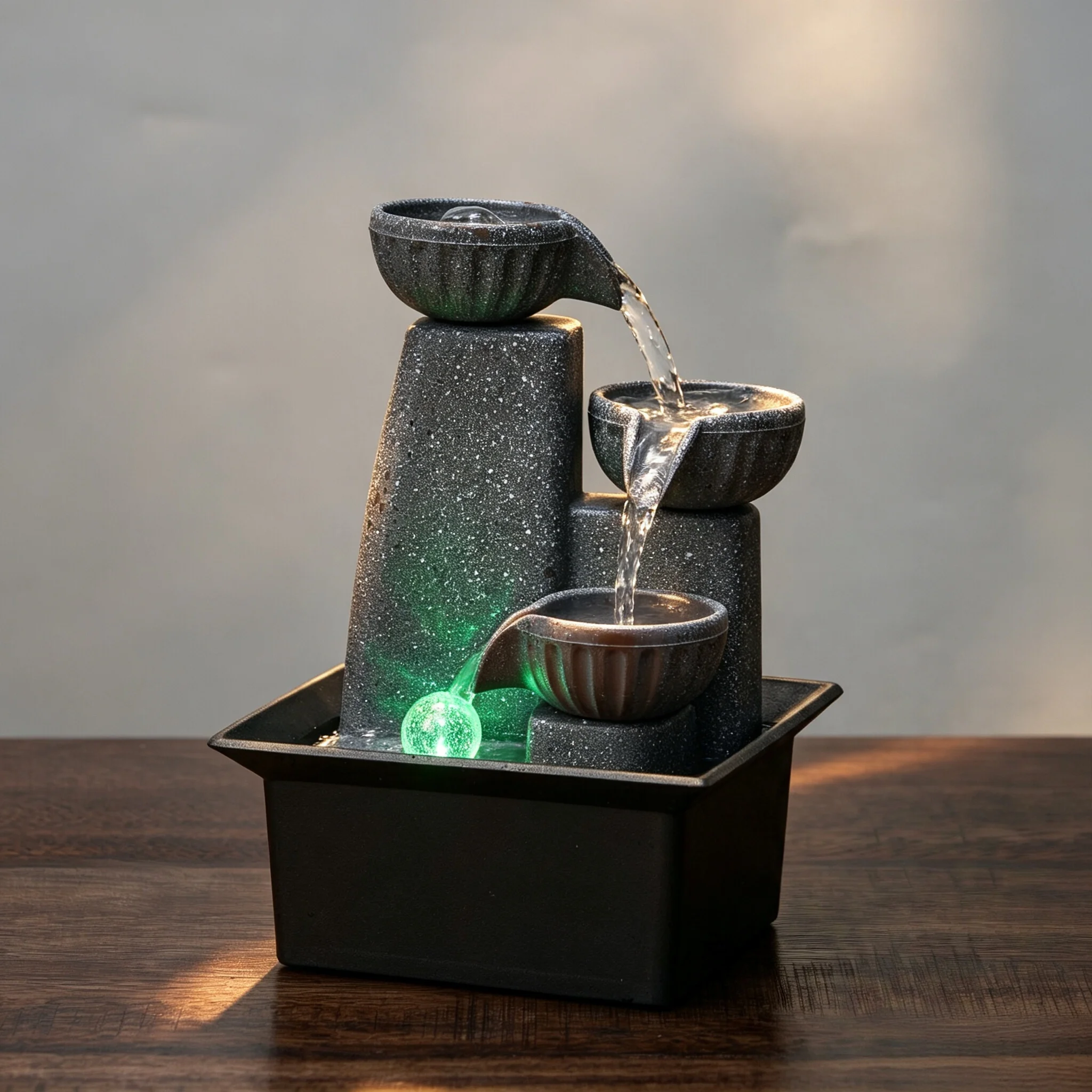 A Three-Tiered Tabletop Small Fountain Water Feature with Led Crystal Ball Light, a Comfortable and Relaxing Furniture Decoration