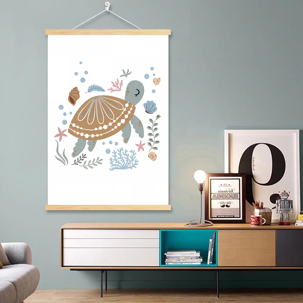Whale Turtle Seahorse Octopus Nursery Wall Art Scroll Paintings Wood Haning Nordic Poster Print Pictures For Baby Kids Room Deco
