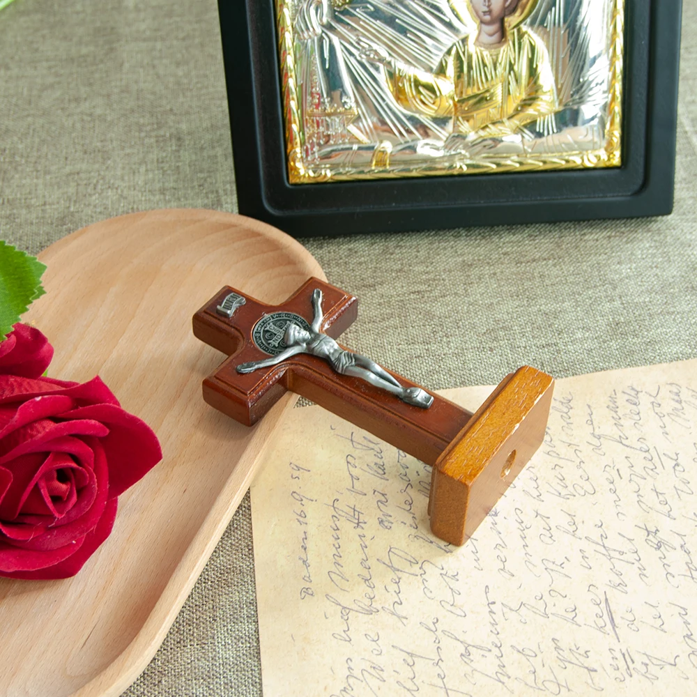 

HTISOK Handmade Catholic Wooden Cross with Jesus Crucifix St Benedict Medal 4.3 Inch Compact Size Car Home Altar Decor