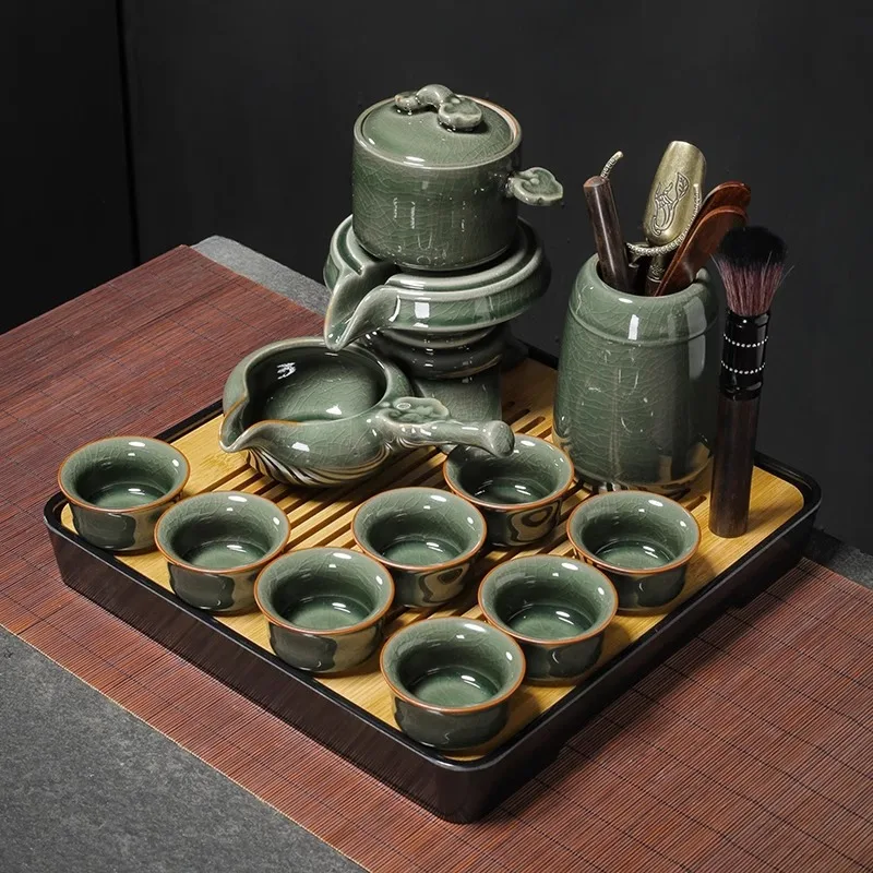 Ge Kiln Automatic Set for Home Use, Lazy Stone Mill Rotating Teapot, Kung Fu Cup, Office Tea Brewing Artifact
