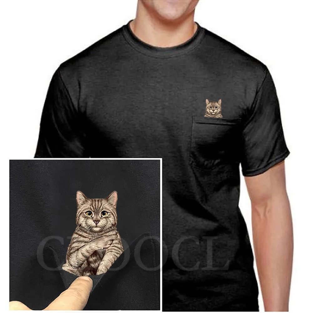 CLOOCL Funny Cats Cotton T-shirts Cartoon Tabby Kitten Double Middle Finger Pockets Short Sleeve Shirts Mens For Women Clothing