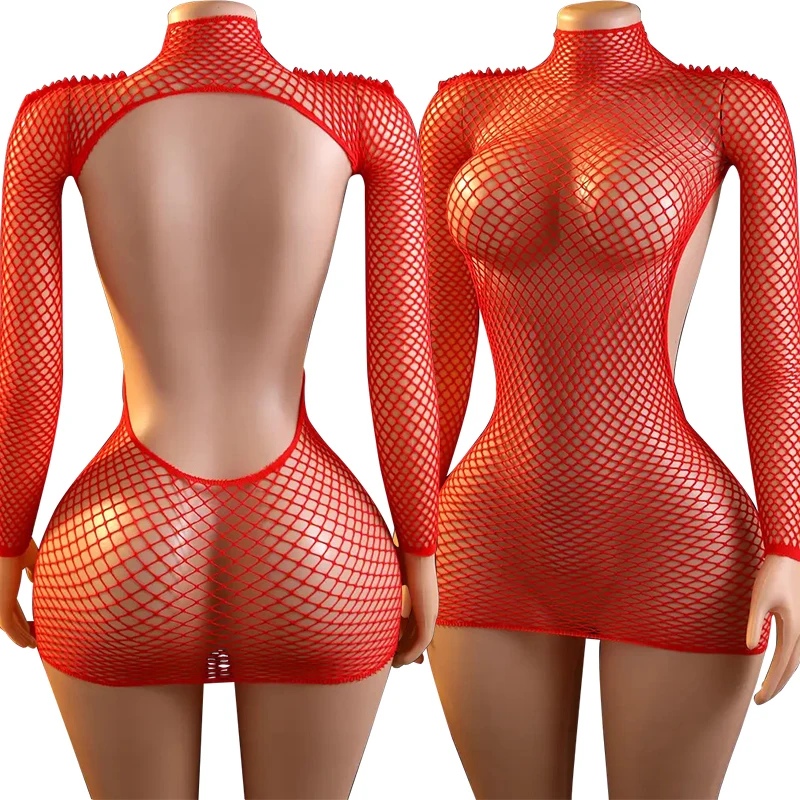 

Red Mini Sundress Sexy Body Lingerie Women High Neck Long Sleeves Bodysuit One Pieces Open Back Rompers Fishnet Hollow Jumpsuits
