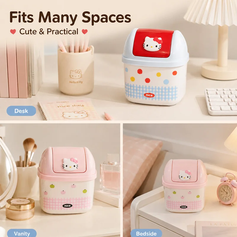 Sanrio Licensed Hello Kitty Flip Top Desktop Trash Can Cute Mini Waste Bin for Home Office Desk Creative Small Storage Container view 4