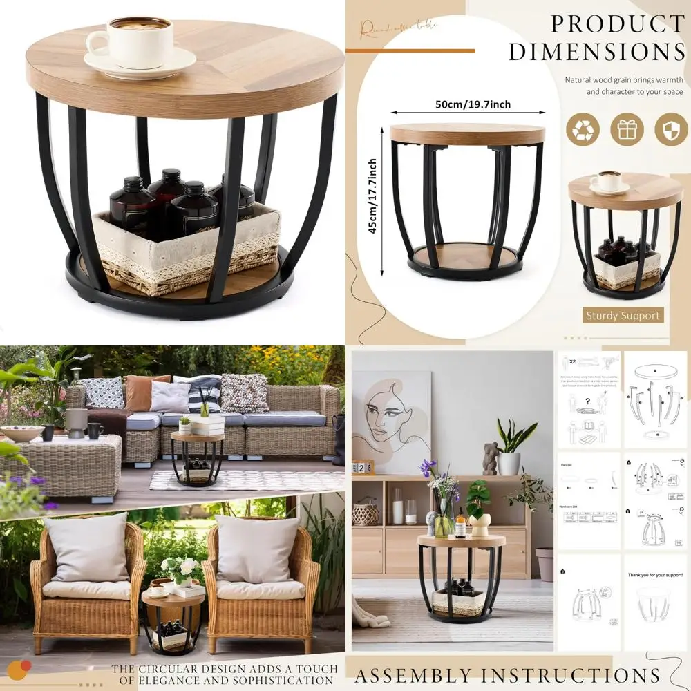 

Modern Industrial 2-Tier Round Wood Coffee Table with Storage for Living Room