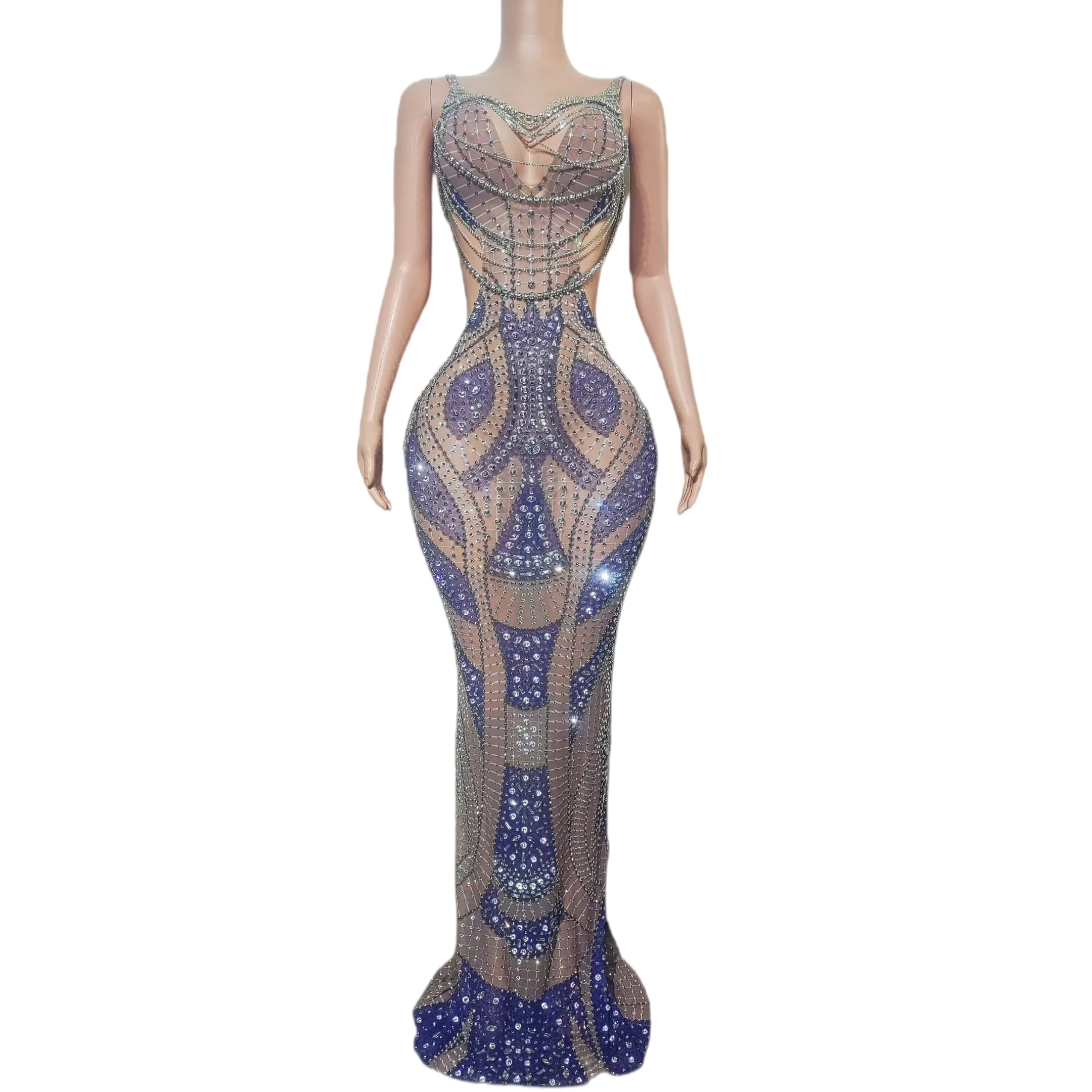 

Sparkly Sexy See-Through Floor-Length Dress Event Party Performance Costume Night Club Stage Deep V Neck Evening Gown Banxing