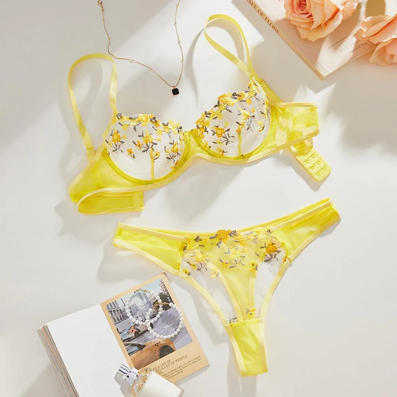 

Women Transparent Lingerie Fancy Erotic Set Delicate Embroidery Sexy Underwear Yellow Mesh Intimate Outfits Girls Sexy Bra Set